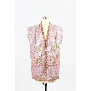 Vintage 50's Chinese Pink Red Beaded Sequin Dragon Phoenix Silk Wedding Vest